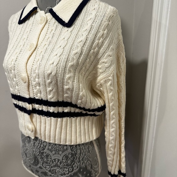 NWT Pink Rose Preppy Cream & Navy  Cable Knit Collared Cardigan. Ribbed Hem XS. - Picture 13 of 15